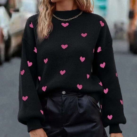 Black Casual Womens Heart Pattern Mock Neck Drop Shoulder Sweater - Picture 5 of 5